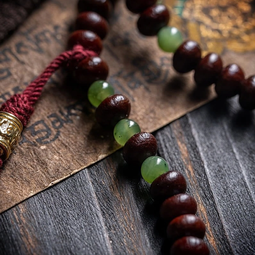 Buddhist mala prayer beads showing detailed close-up of stringing with metal bead caps and jade accents