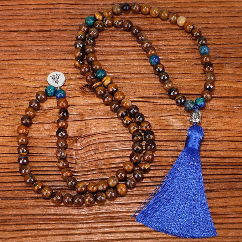 Two-piece mala bead set with tiger eye beads and blue spacer beads with tassel