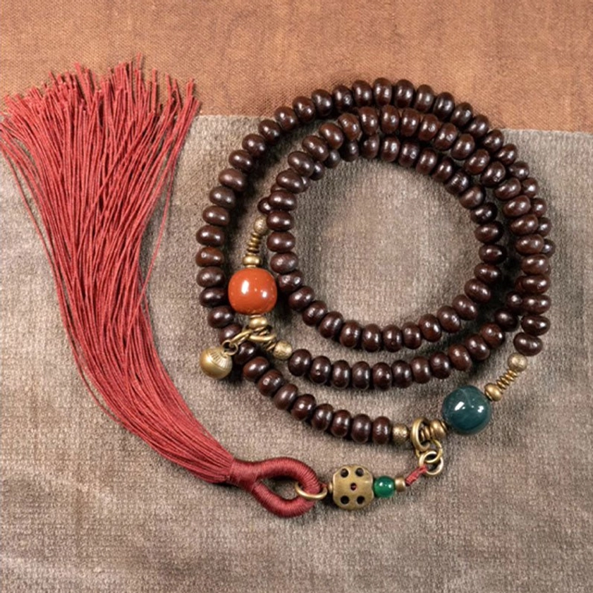 108 Mala Beads Bracelet with Purple Bodhi Seeds for yoga, dharma practice, and contemplative spirituality