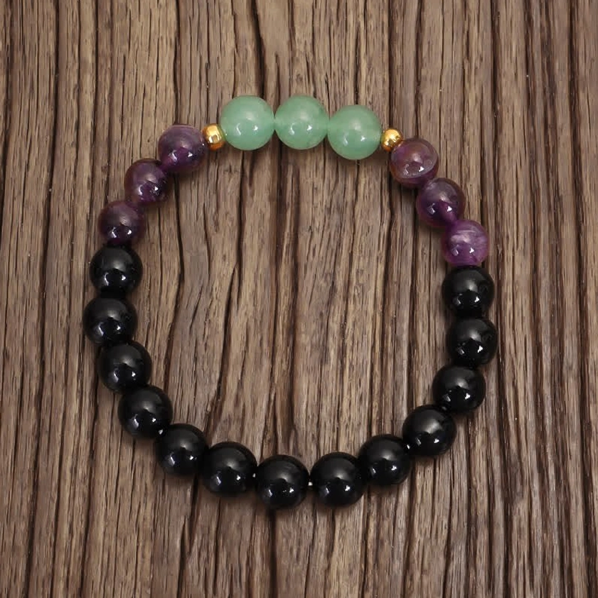 108 bead mala meditation bracelet with amethyst and green aventurine, lifestyle wearing shot or alternative angle view