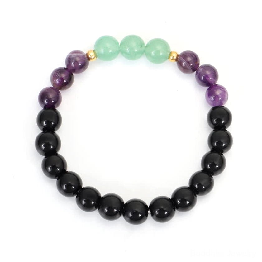 single-wrap 108 bead mala bracelet with amethyst green aventurine and gold spacer beads, top-down flat lay neutral background