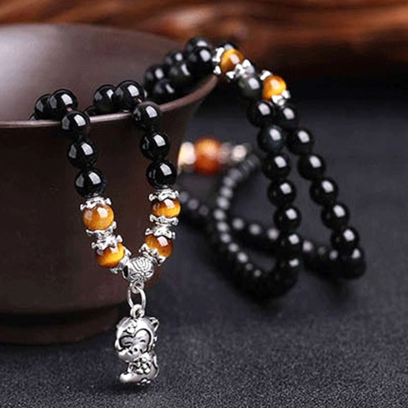 108 bead fortune mala bracelet obsidian tiger eye monkey pendant ceramic bowl setting