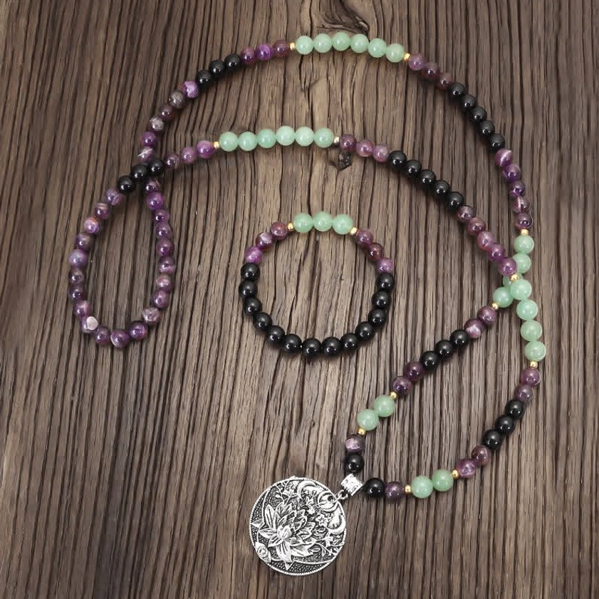 Buddhist prayer mala gift set presentation, 108 bead bracelet with amethyst aventurine and lotus charm, thoughtful spiritual gift