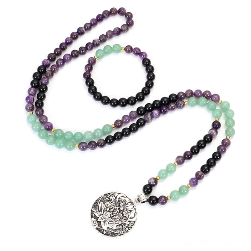 complete mala bracelet and necklace collection, showing both 15-19cm wrist option and 86cm extended prayer necklace style