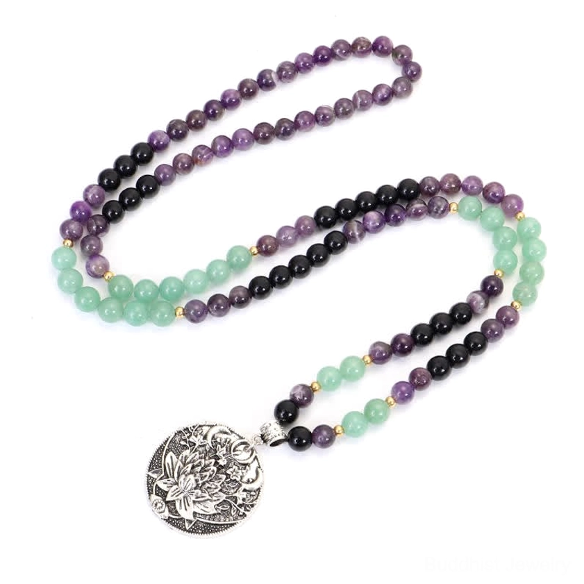 looped 108 bead mala meditation bracelet flat lay showing two strand arrangement with purple amethyst, green aventurine, and silver lotus