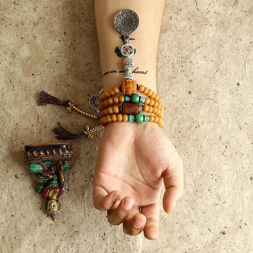 Tibetan Bodhi Seed Mala Wrap Bracelet with Vajra Silver Charms, Tassels and Buddha Amulet
