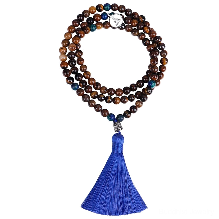 Mala bead bracelet with finger loop strand and tiger eye beads