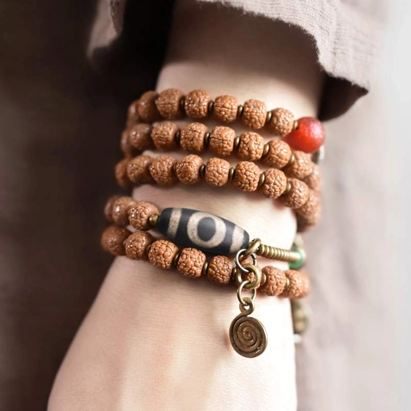 Multi-Layer 108 Mala Bracelets Stacked on Wrist - Rudraksha and Dzi Bead Stack Styling