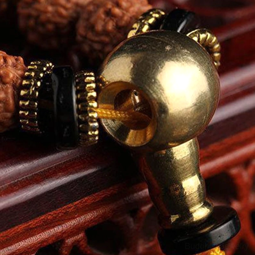 Brass Guru Bead with Gold-Trimmed Black Spacer Beads for 108 Prayer Mala