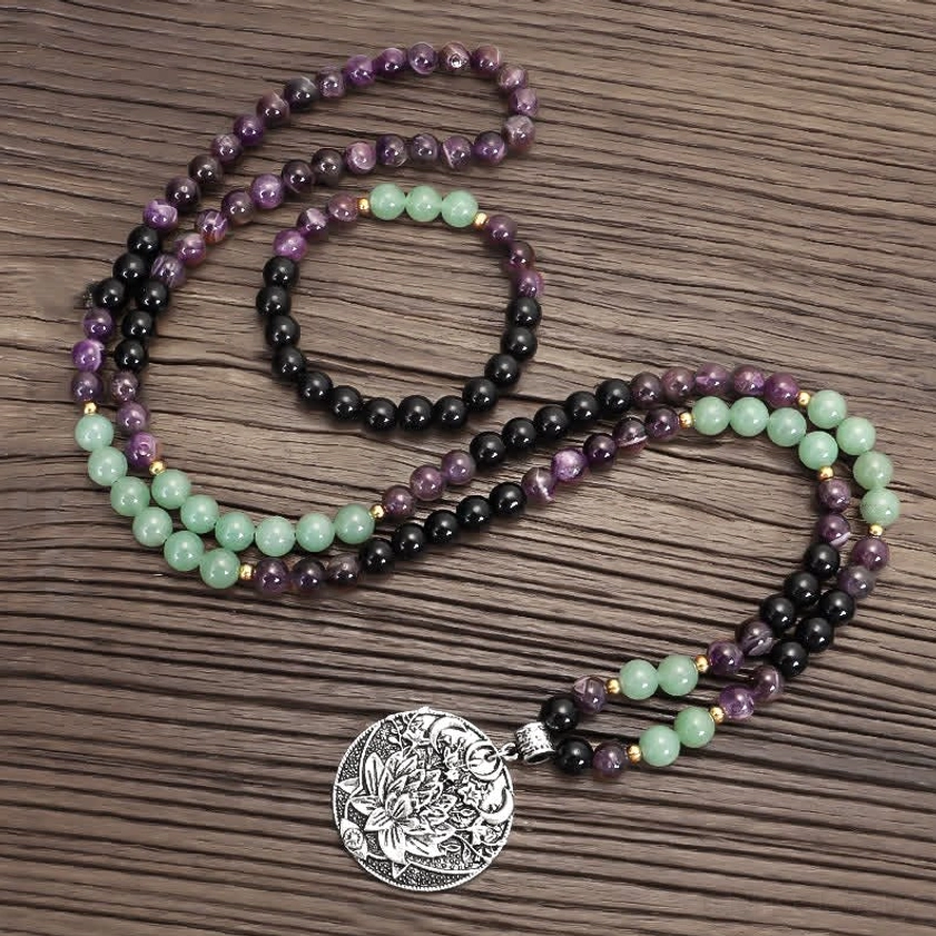 mala meditation necklace with 108 amethyst and green aventurine beads, alternative styling or close-up bead detail view