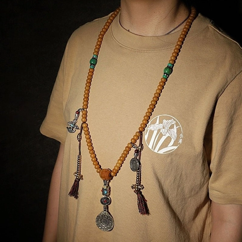 Bodhi Seed Buddhist Mala Prayer Necklace Styled with Green Stone Spacers and Silver Ritual Charms