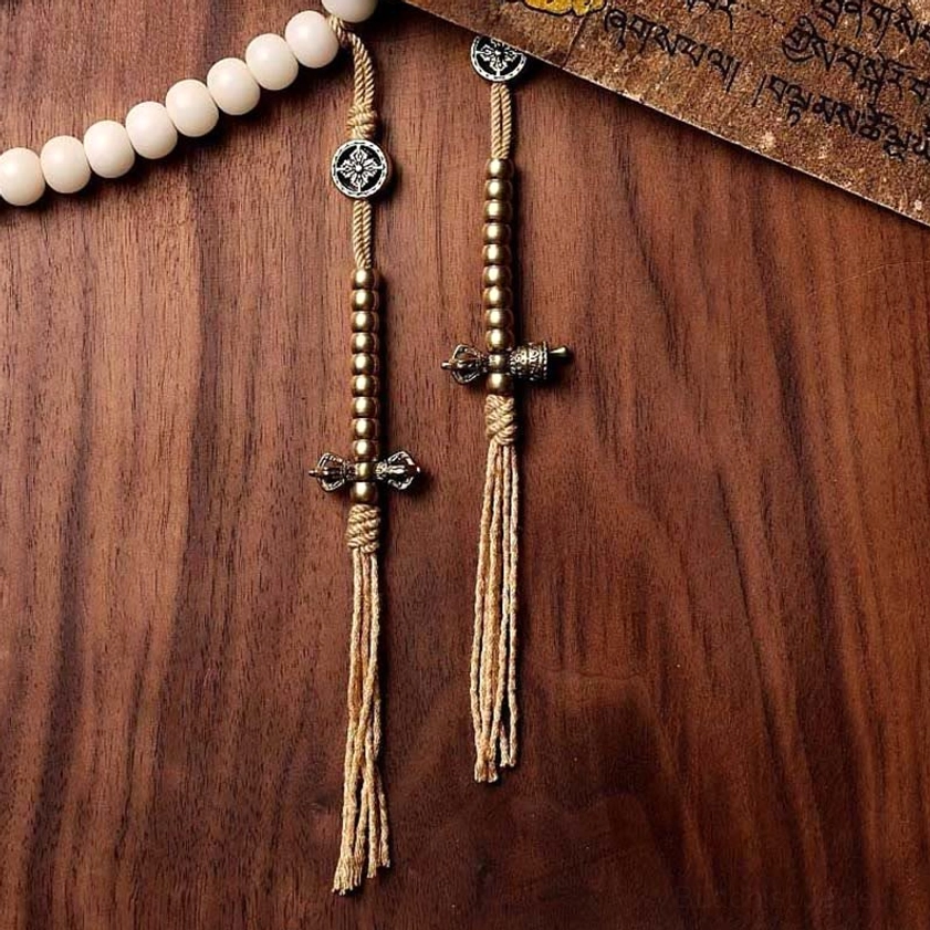Tibetan prayer mala tassel accessories with silver cross charms and twisted cotton tassels on bodhi seed strand, necklace components