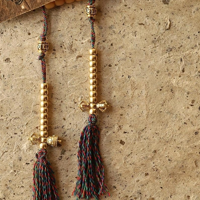 Buddhist Mala Tassel Counter with Vajra-Shaped Metal Beads, Multicolored Tassels and Woven Rope