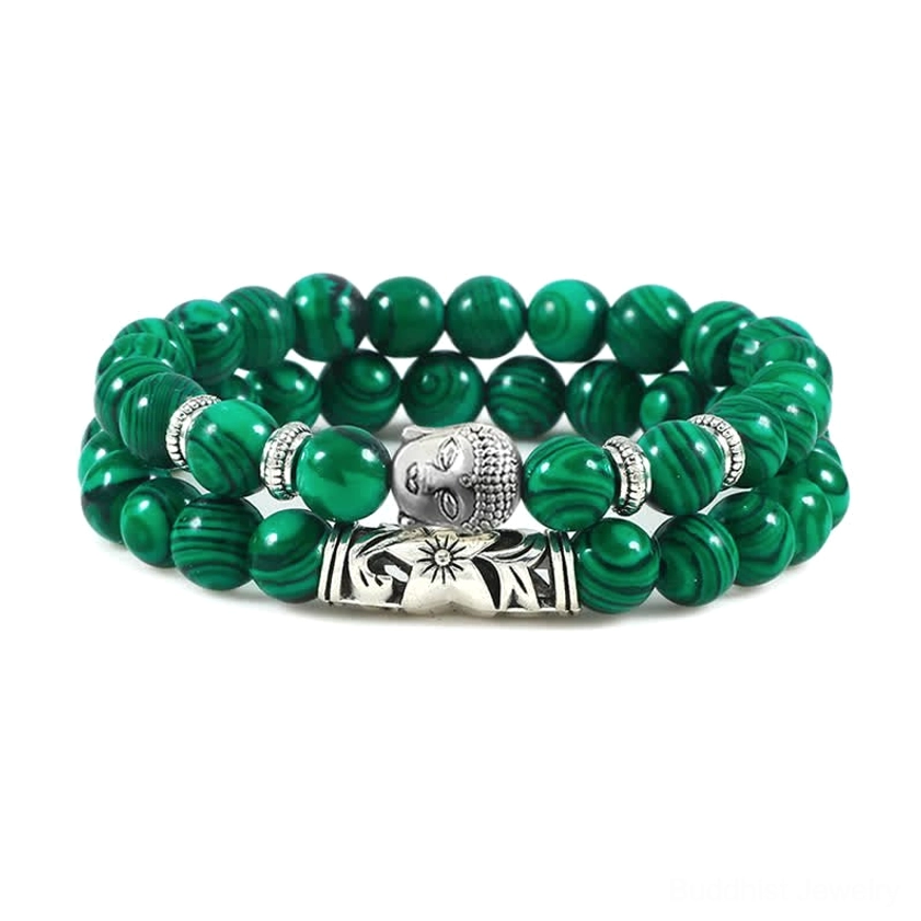 Malachite transformation healing bracelet with heart-opening green stone and Buddhist spiritual symbol