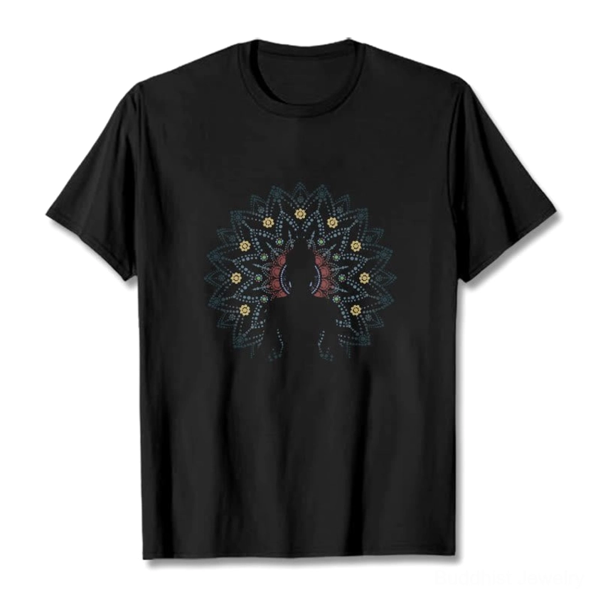 Black Buddhist mandala Buddha t-shirt flat lay front with gold accent details spiritual design