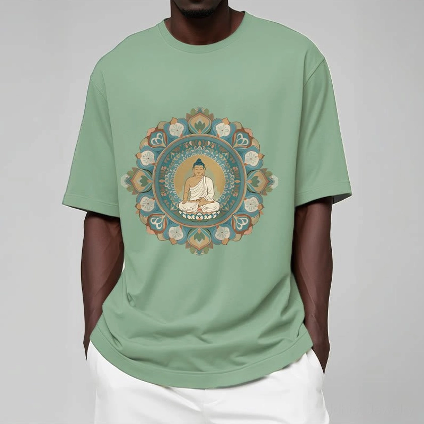 Sage green mandala buddha tee worn by male model showing relaxed fit and chest print detail