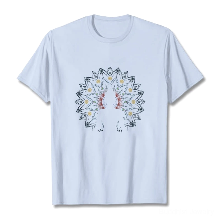 Light cyan mandala Buddha graphic tee model wearing showing color and fit in action