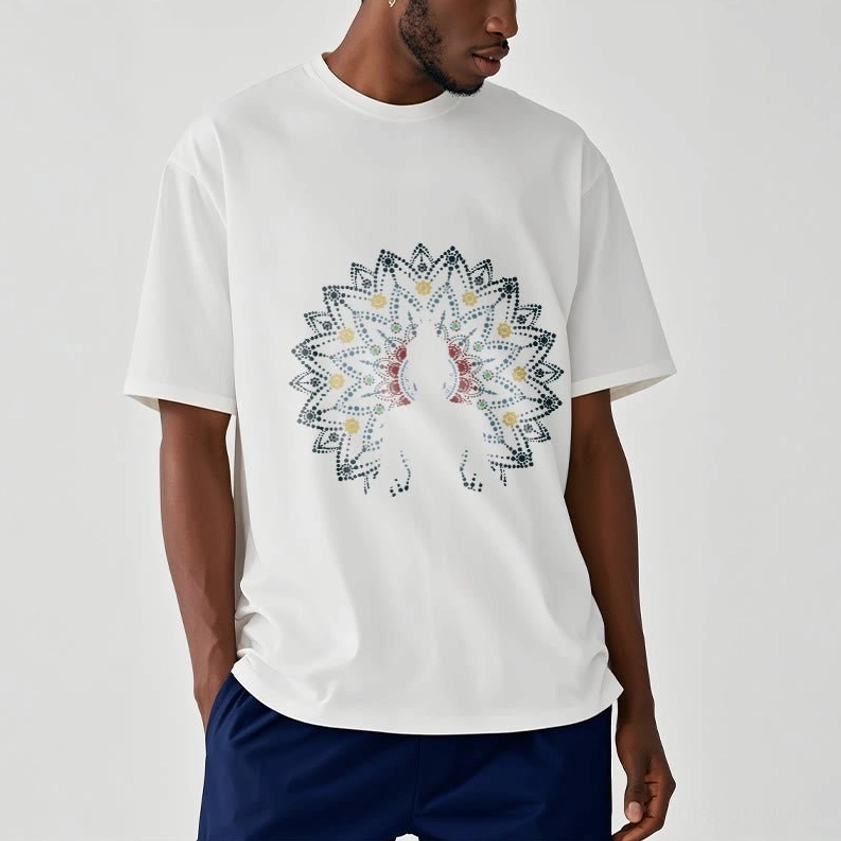 Men wearing white mandala Buddha graphic tee casual studio shot showing fit and design detail