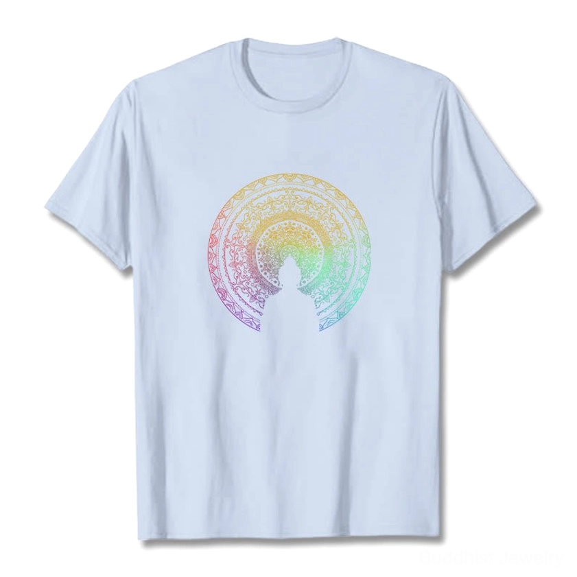 Mandala Buddha gradient cotton t-shirt color and size options showing all available variations light grey light pink