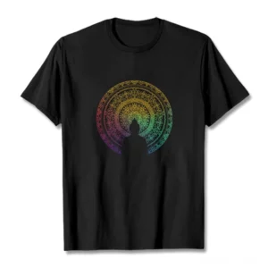 Mandala Buddha gradient cotton t-shirt flat lay front view with rainbow mandala and Buddha silhouette design