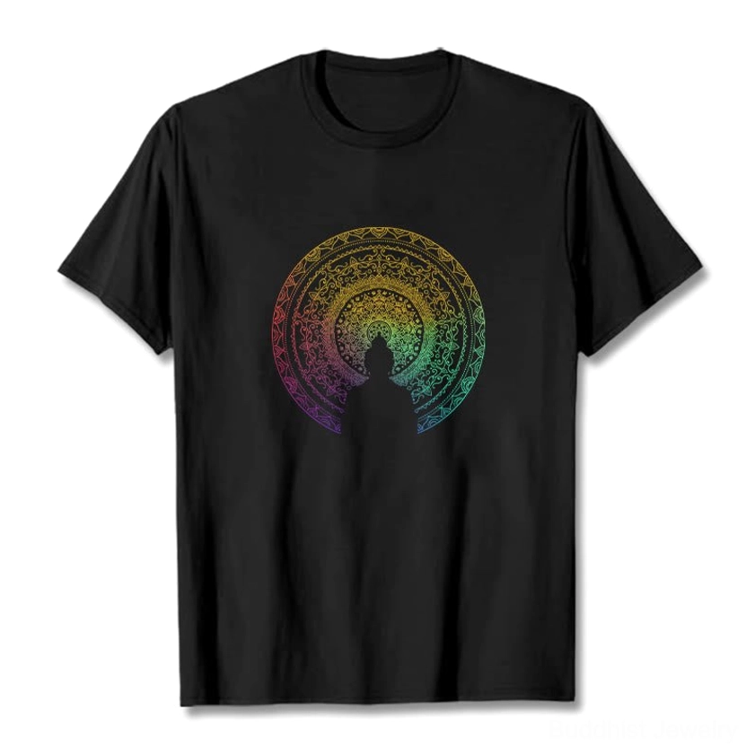 Mandala Buddha gradient cotton t-shirt flat lay front view with rainbow mandala and Buddha silhouette design