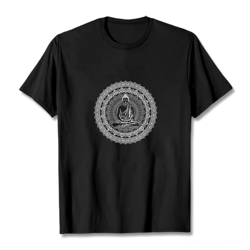 Mandala Buddha cotton graphic t-shirt flat lay - black with light gray Buddha mandala print