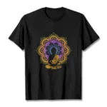 Mandala Buddha meditation T-shirt front view flat lay with purple-yellow gradient pattern on black cotton crew neck
