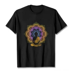 Mandala Buddha meditation T-shirt front view flat lay with purple-yellow gradient pattern on black cotton crew neck