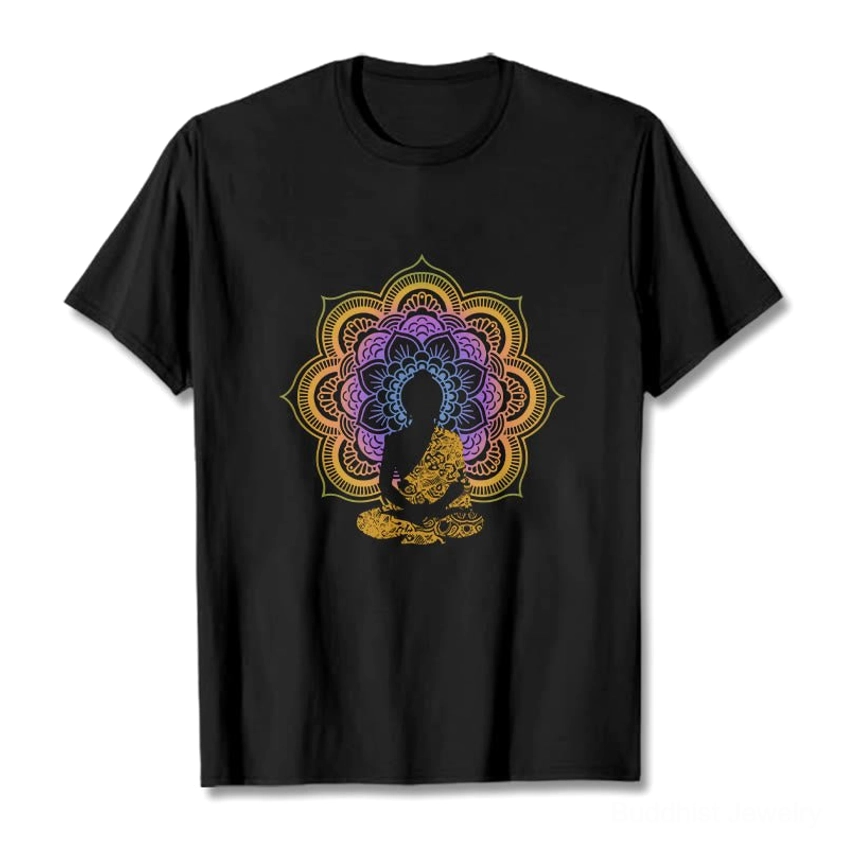Mandala Buddha meditation T-shirt front view flat lay with purple-yellow gradient pattern on black cotton crew neck