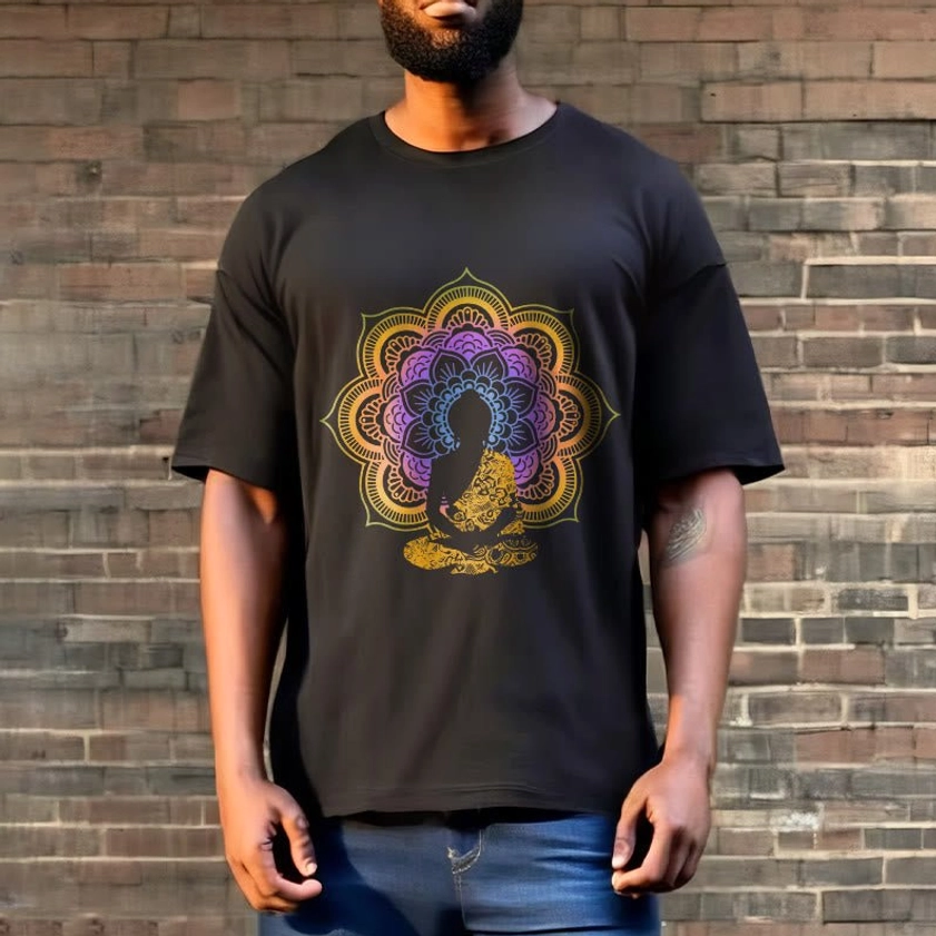 Mandala Buddha enlightenment T-shirt full body worn outdoors with blue jeans styled casual