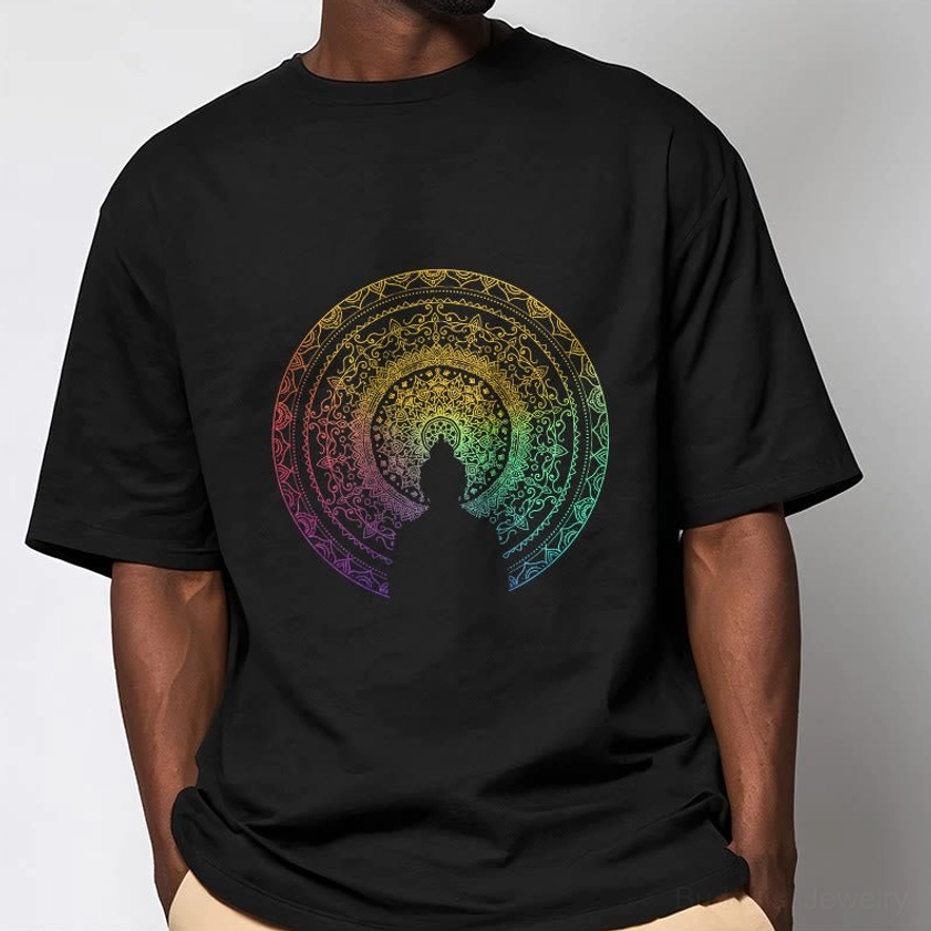 Men wearing mandala Buddha gradient t-shirt close-up front view showing chest print detail