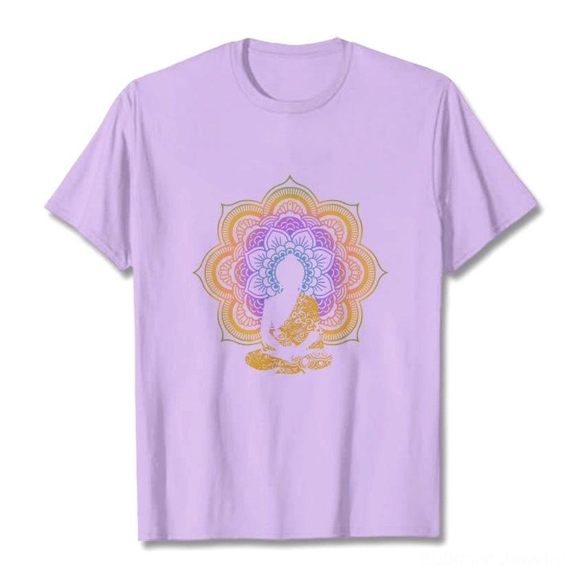 Buddhist mandala flower T-shirt multiple colors available showing design consistency across colorways