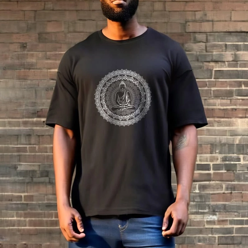 Mandala Buddha graphic tee texture close-up - 100% cotton fabric with white ink printing