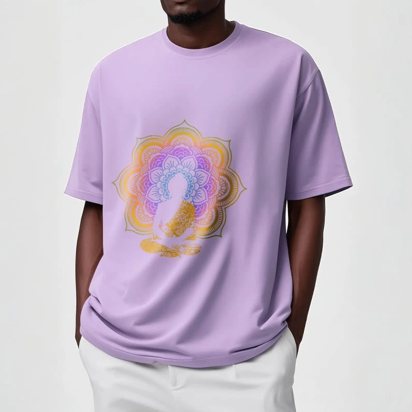 Light cyan mandala Buddha meditation T-shirt worn casual showing comfort and fit