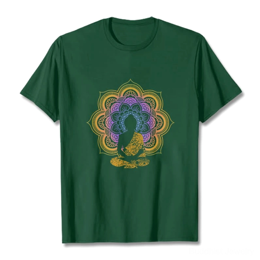 Light cyan mandala Buddha T-shirt soft blue spiritual graphic tee flatlay pure white background