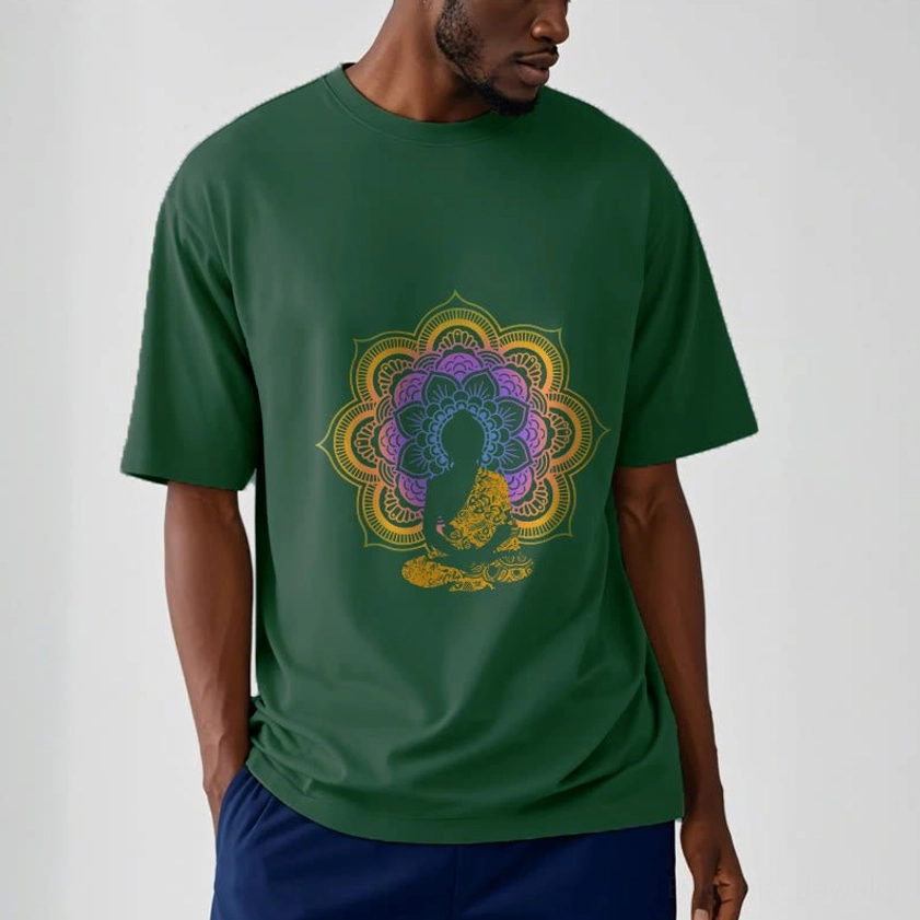 Light cyan Buddhist mandala flower T-shirt front view showing tranquility inspired color option