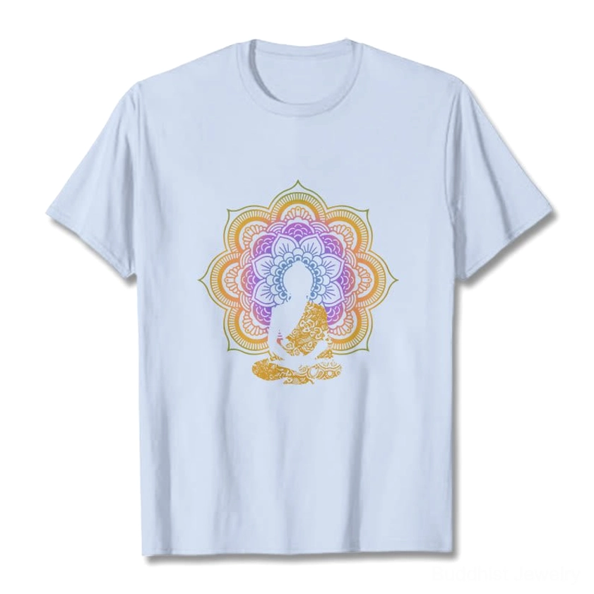 Mandala Buddha enlightenment spiritual graphic T-shirt light cyan color front print detail view