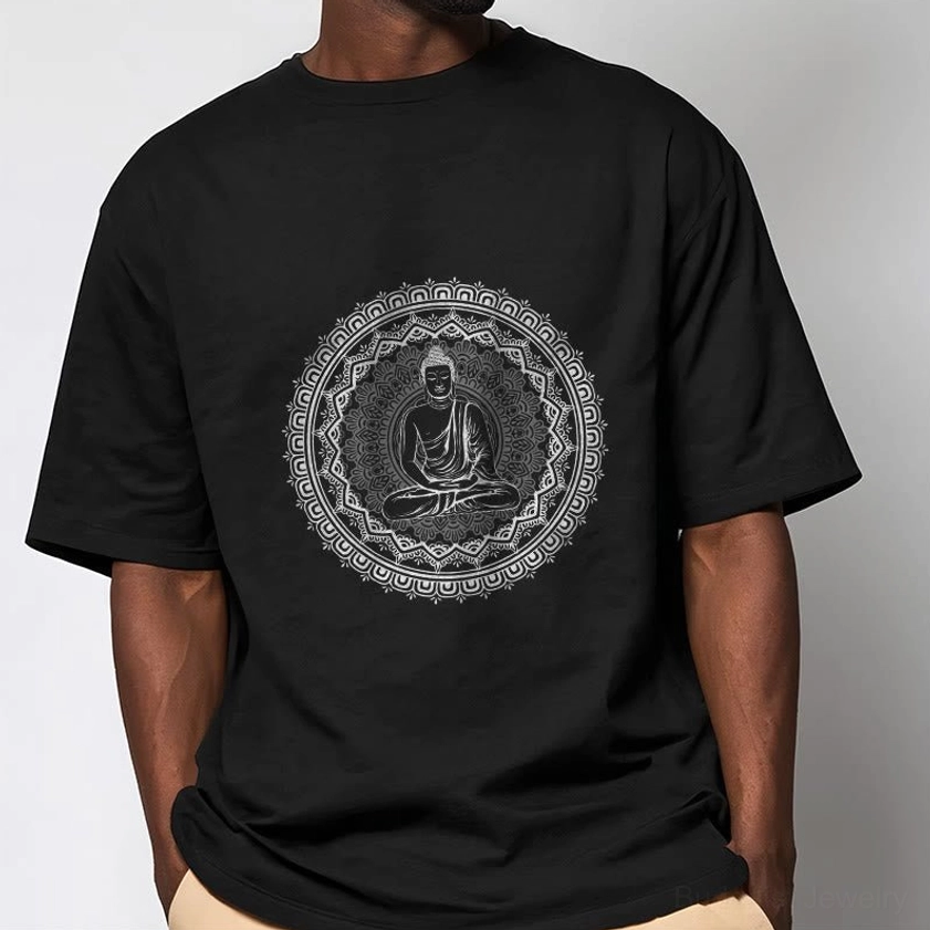 Mandala Buddha t-shirt detail shot - intricate Buddha centered mandala geometric pattern