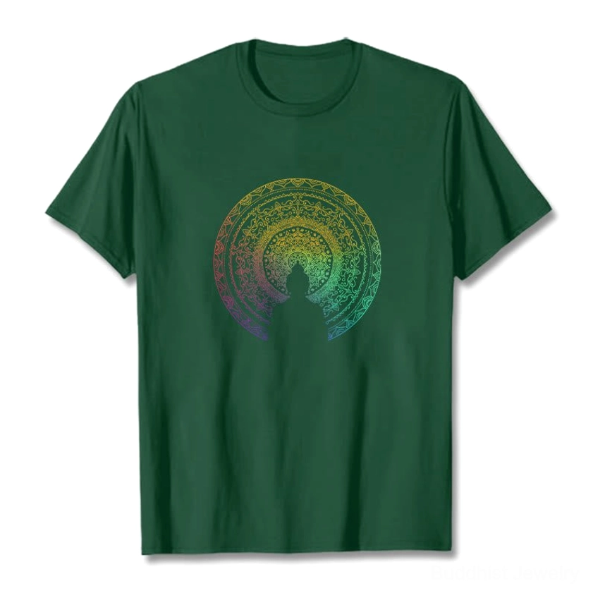 Dark green mandala Buddha gradient cotton t-shirt flat lay front view with rainbow mandala print on solid green fabric