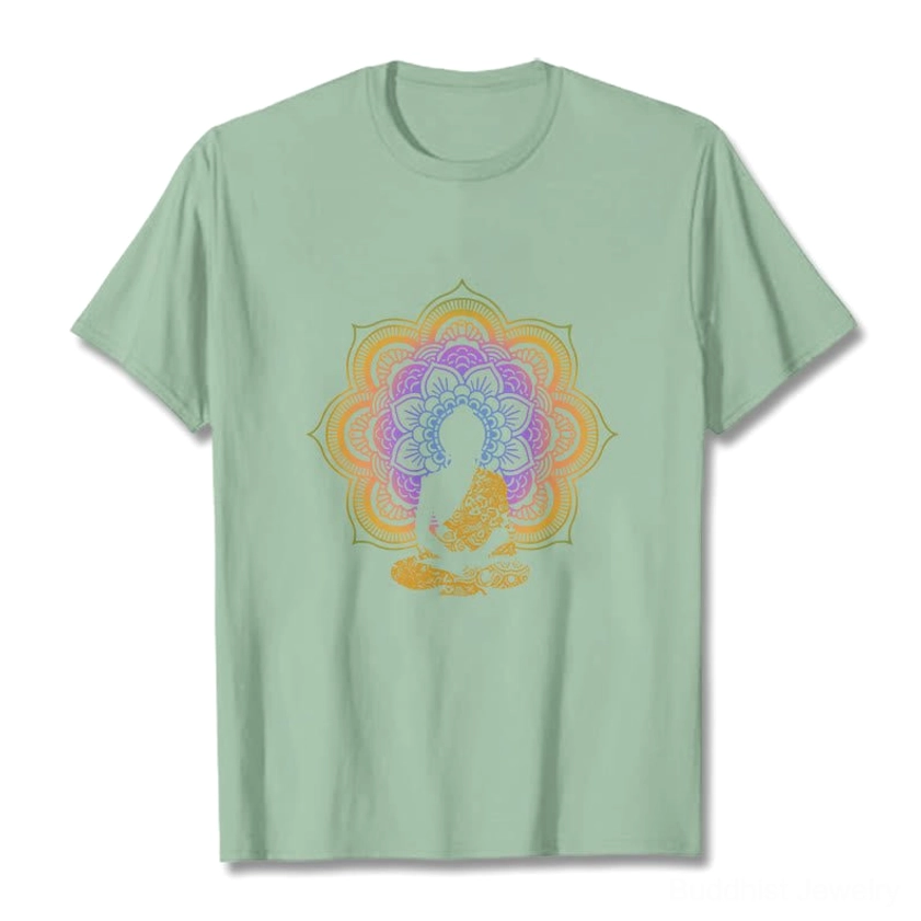Light green matcha mandala Buddha enlightenment T-shirt flat lay showing cotton fabric quality