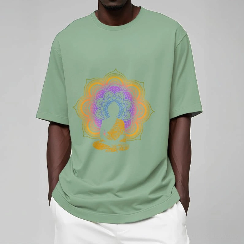Mandala Buddha spiritual meditation T-shirt light green color option front view design showcase
