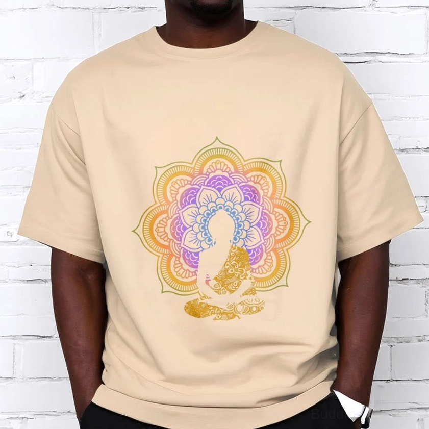 Light grey Buddhist graphic T-shirt mandala pattern crew neck true-to-size neutral styling