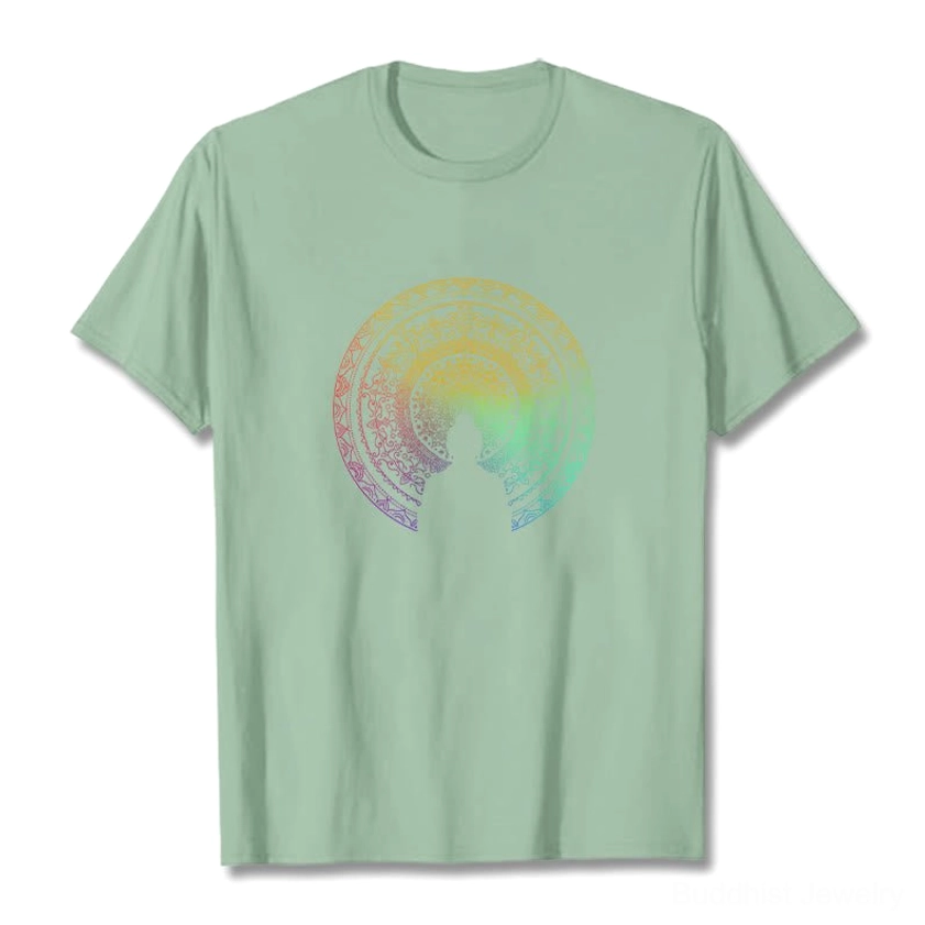 Light grey mandala Buddha cotton t-shirt flat lay front view displaying rainbow gradient mandala and Buddha silhouette