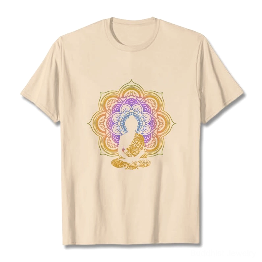 Light grey mandala Buddha T-shirt unisex fit flat lay showing soft neutral color spiritual wear