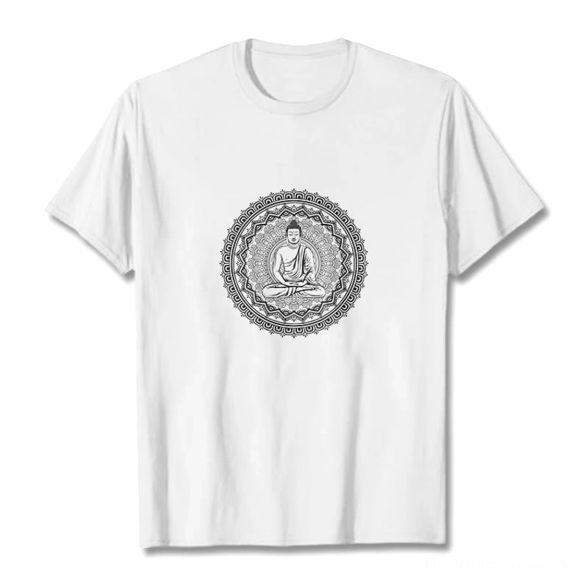 Mandala Buddha cotton t-shirt hanging display - Buddhist mindfulness spiritual graphic apparel