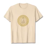 Mandala Buddha graphic cotton t-shirt flat lay front view - light beige with gold Buddha print