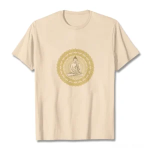 Mandala Buddha graphic cotton t-shirt flat lay front view - light beige with gold Buddha print