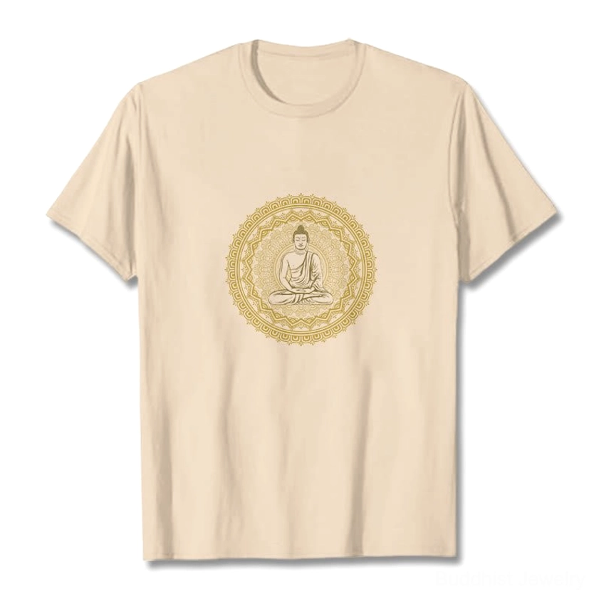 Mandala Buddha graphic cotton t-shirt flat lay front view - light beige with gold Buddha print
