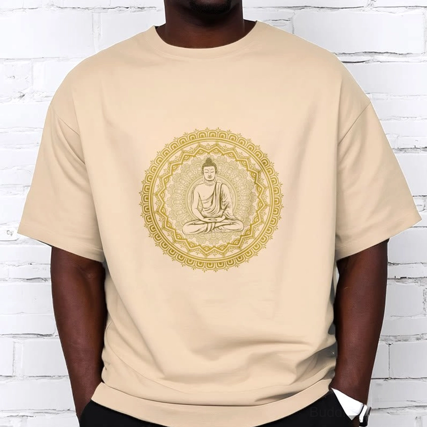 Men wearing light beige mandala Buddha graphic tee - crew neck short sleeve front view