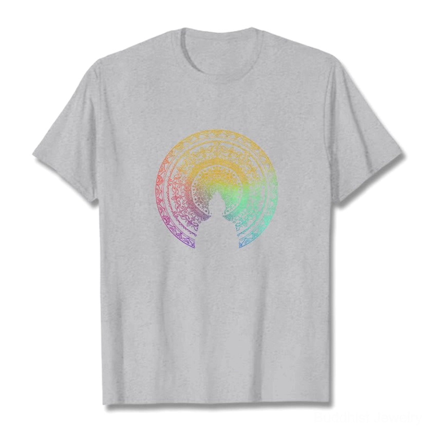 Light grey mandala Buddha gradient cotton t-shirt flat lay front view showing serene Buddha and concentric mandala circles